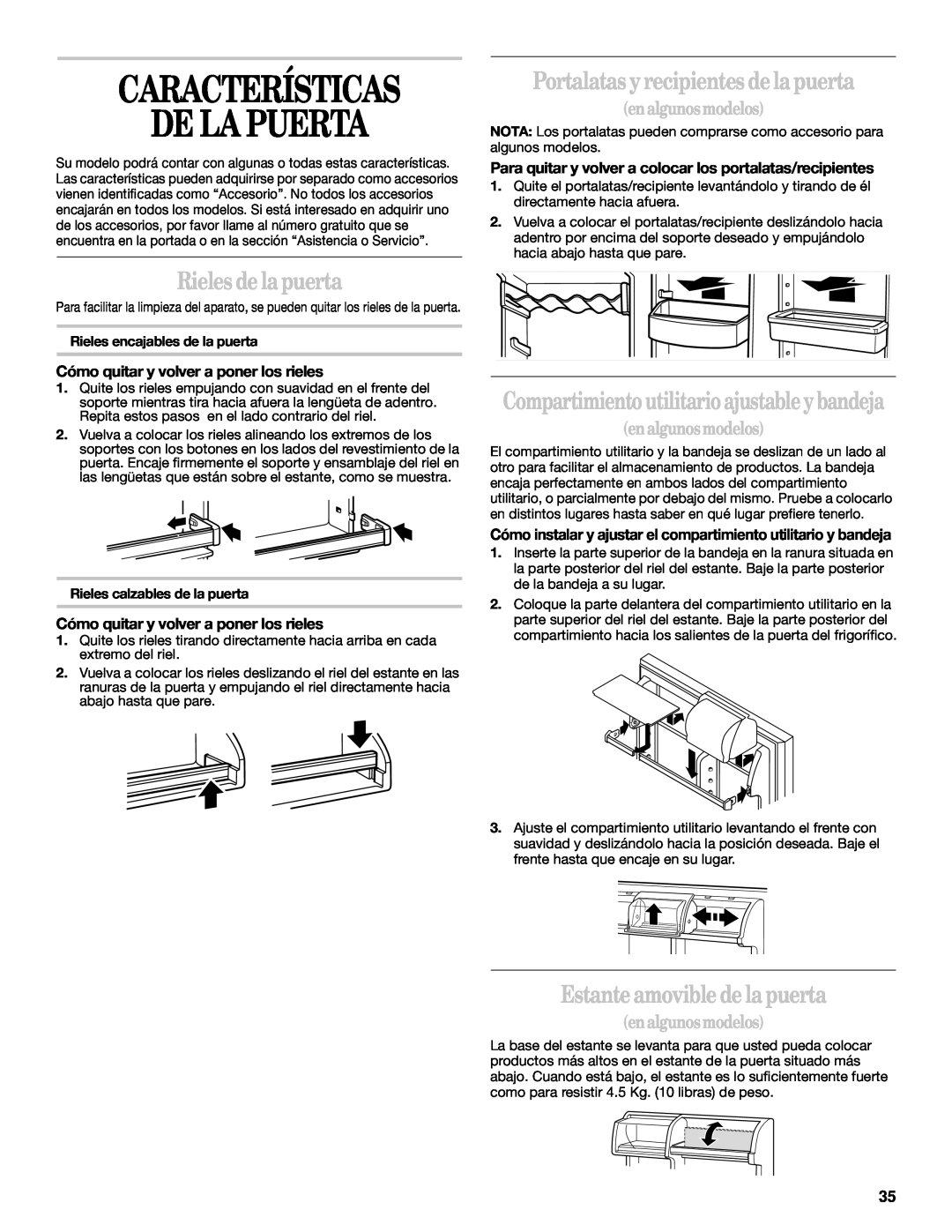 Whirlpool 2218585 manual Características De La Puerta, Rieles de la puerta, Portalatas y recipientes de la puerta 