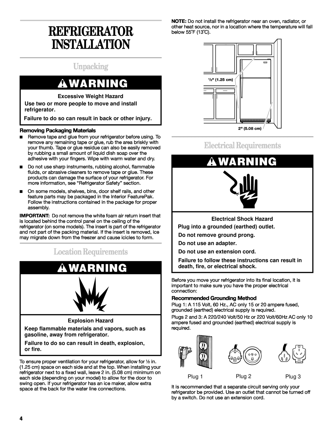 Whirlpool 2218585 Refrigerator Installation, Unpacking, Location Requirements, Electrical Requirements, Explosion Hazard 