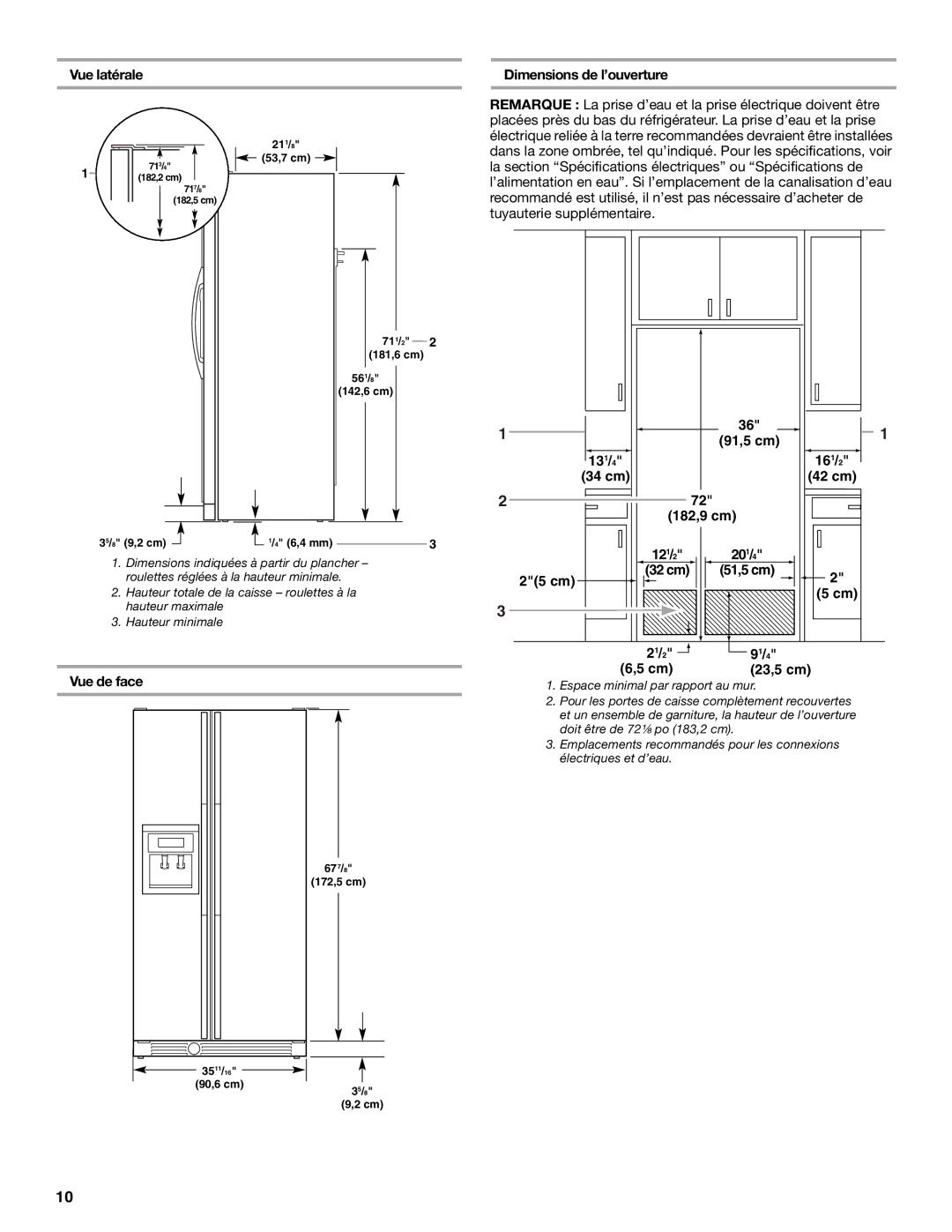 Whirlpool 2221515 installation instructions Vue latérale, Vue de face, Dimensions de l’ouverture 