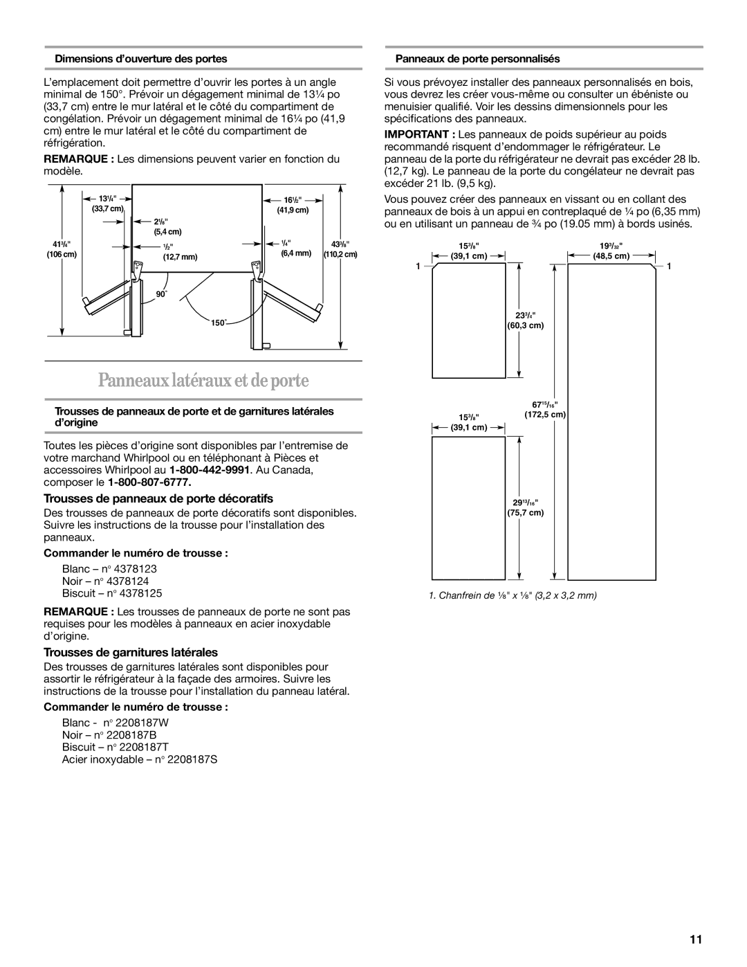 Whirlpool 2221515 installation instructions Panneaux latéraux et de porte, Trousses de panneaux de porte décoratifs 