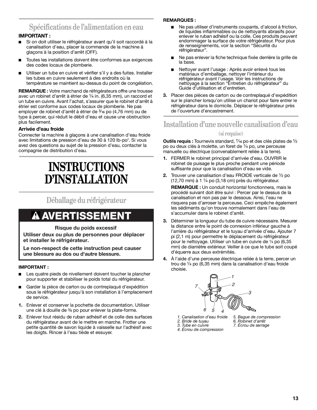 Whirlpool 2221515 Spécifications de l’alimentation en eau, Déballage du réfrigérateur, Arrivée d’eau froide 