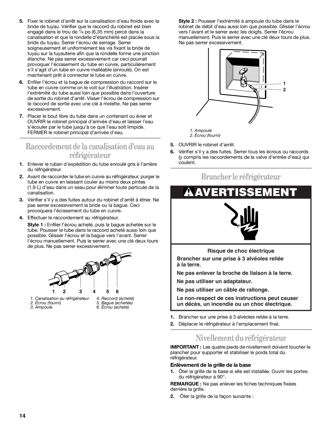 Whirlpool 2221515 installation instructions Réfrigérateur, Brancher le réfrigérateur, Nivellement du réfrigérateur 