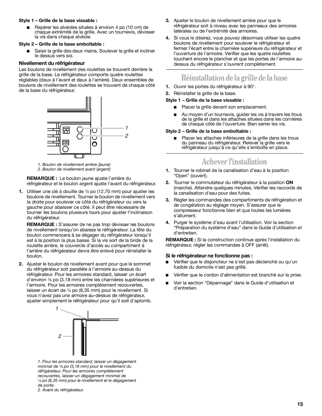 Whirlpool 2221515 Réinstallation de la grille de la base, Achever l’installation, Nivellement du réfrigérateur 
