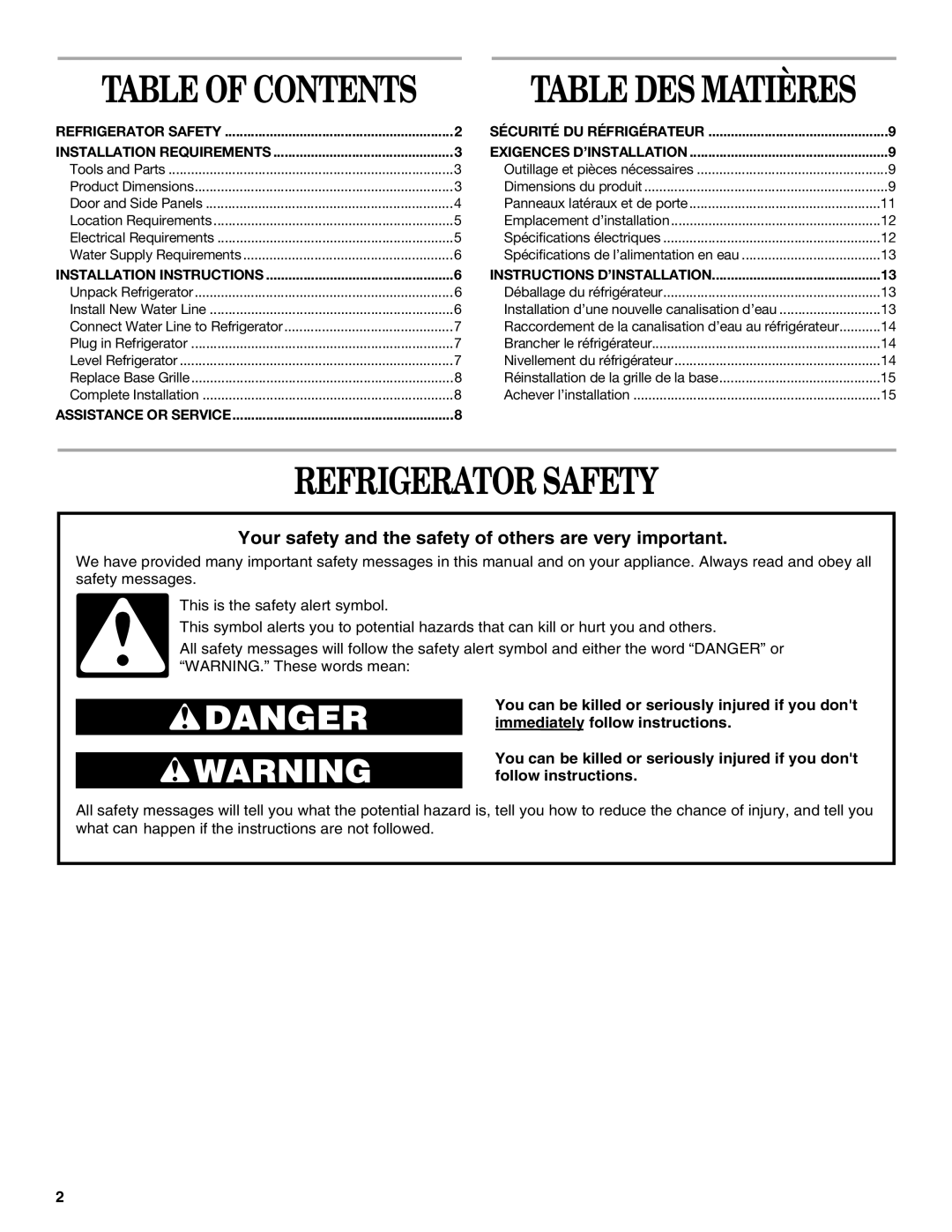 Whirlpool 2221515 installation instructions Refrigerator Safety, Table of Contents 