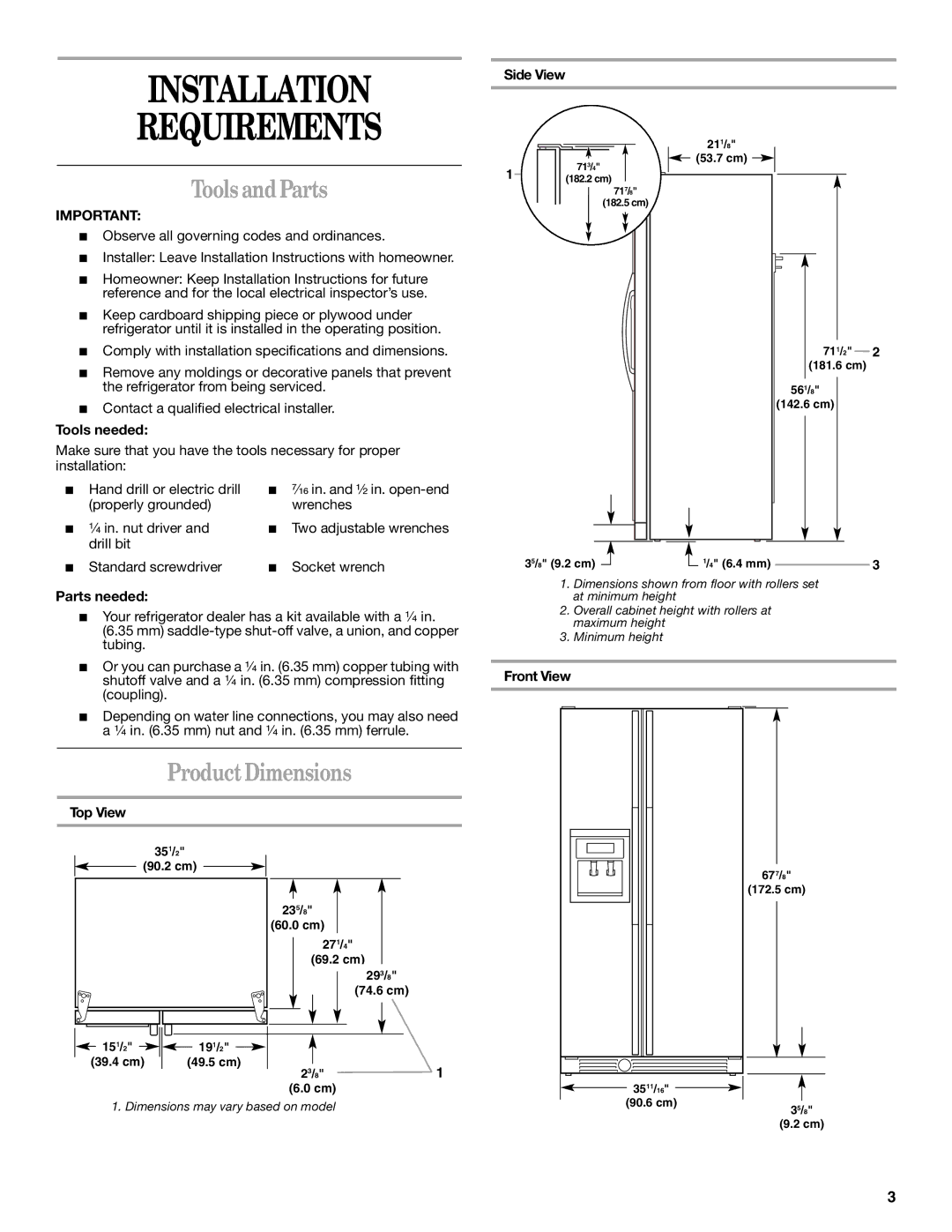 Whirlpool 2221515 installation instructions Installation Requirements, Tools and Parts, Product Dimensions 