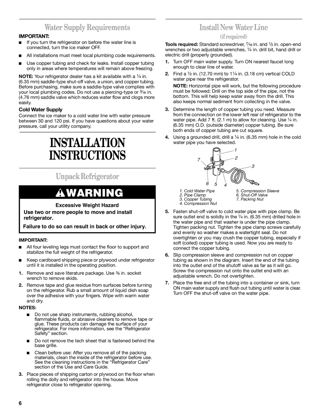 Whirlpool 2221515 Water Supply Requirements, Unpack Refrigerator, Install New Water Line, Cold Water Supply 