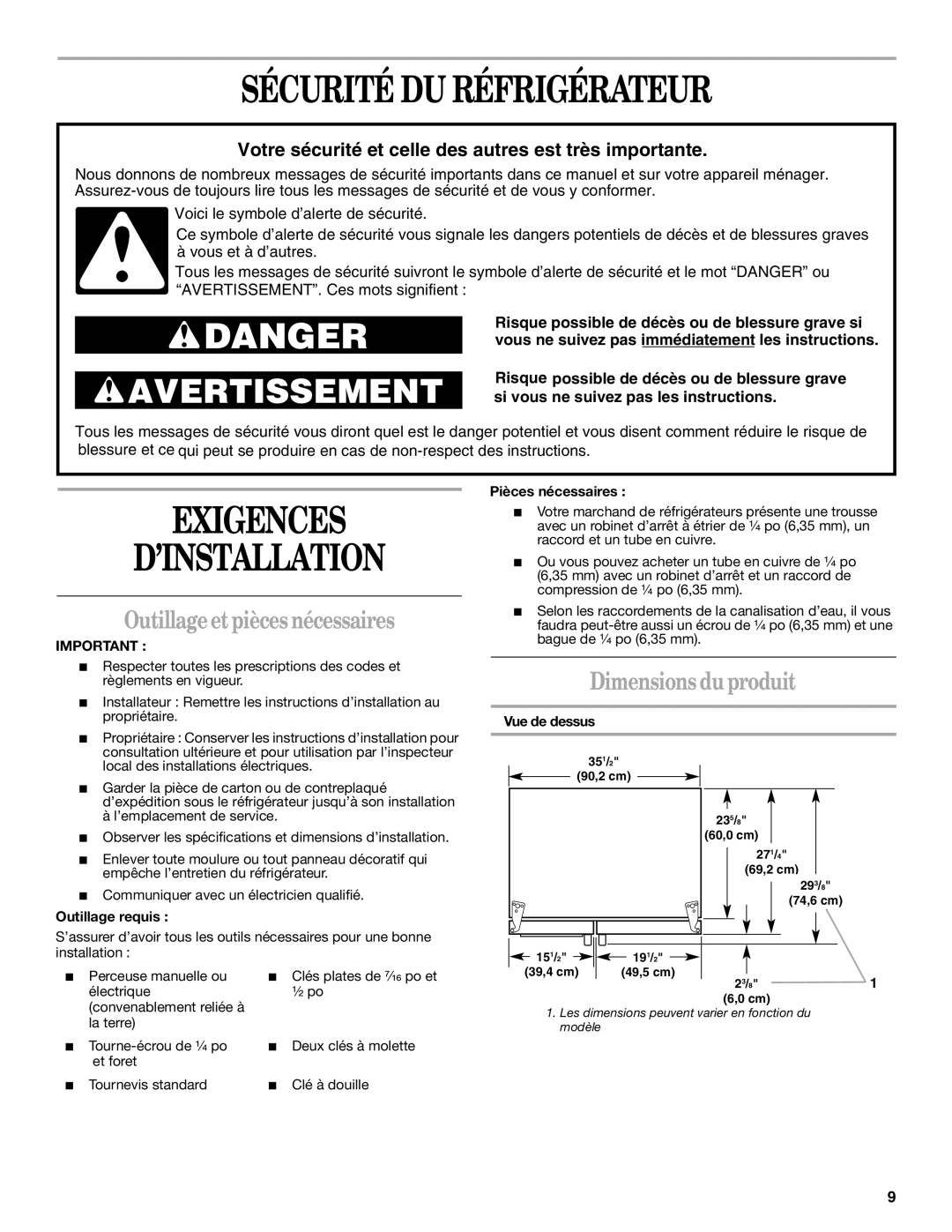 Whirlpool 2221515 Sécurité DU Réfrigérateur, Exigences ’INSTALLATION, Outillage et pièces nécessaires 