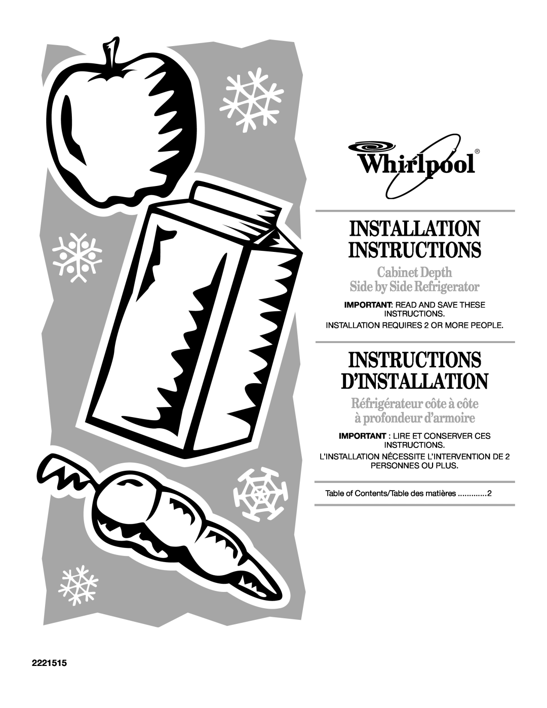 Whirlpool 2221515 installation instructions Installation Instructions, Instructions D’Installation 