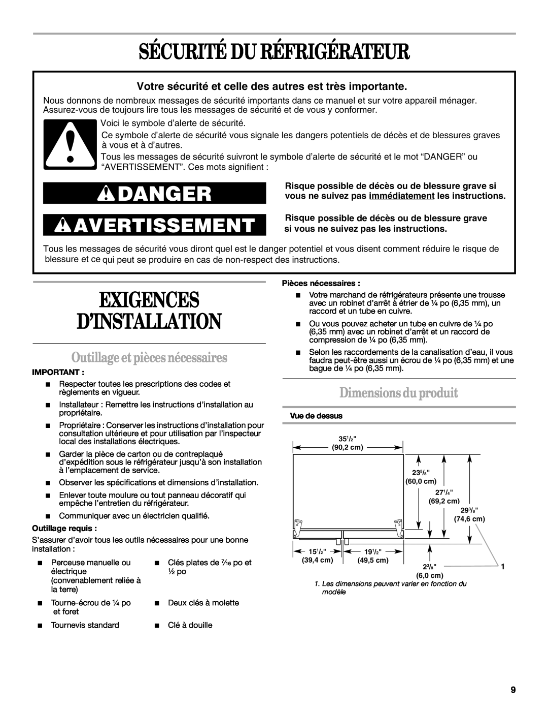 Whirlpool 2221515 Sécurité Du Réfrigérateur, Exigences D’Installation, Outillage et pièces nécessaires, Danger 