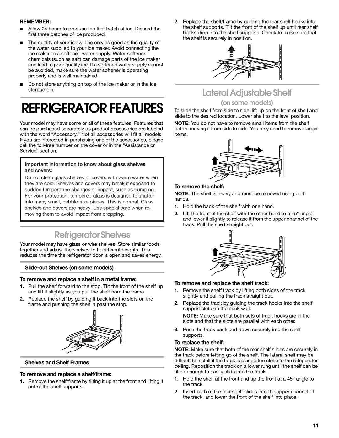 Whirlpool 2225405 manual Refrigerator Shelves, Lateral Adjustable Shelf, To remove the shelf, To replace the shelf 