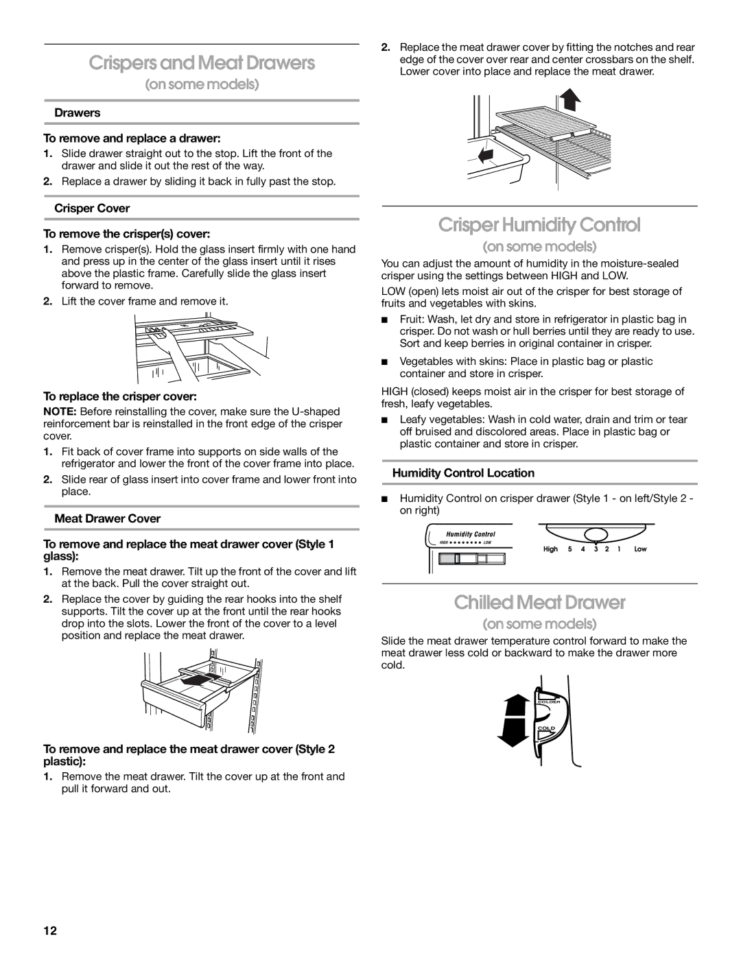 Whirlpool 2225405 manual Crispers and Meat Drawers, Crisper Humidity Control, Chilled Meat Drawer 