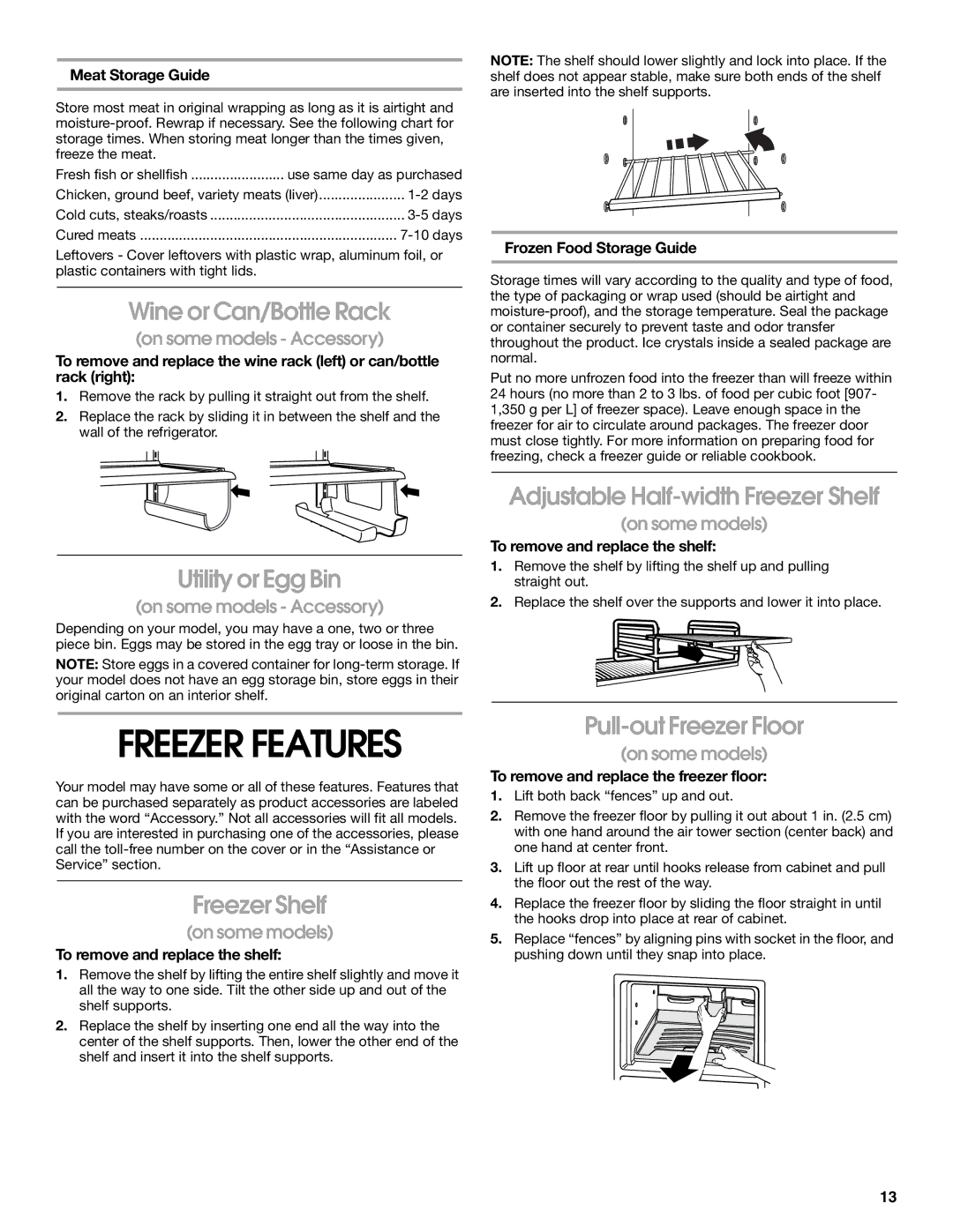 Whirlpool 2225405 manual Wine or Can/Bottle Rack, Utility or Egg Bin, Adjustable Half-width Freezer Shelf 