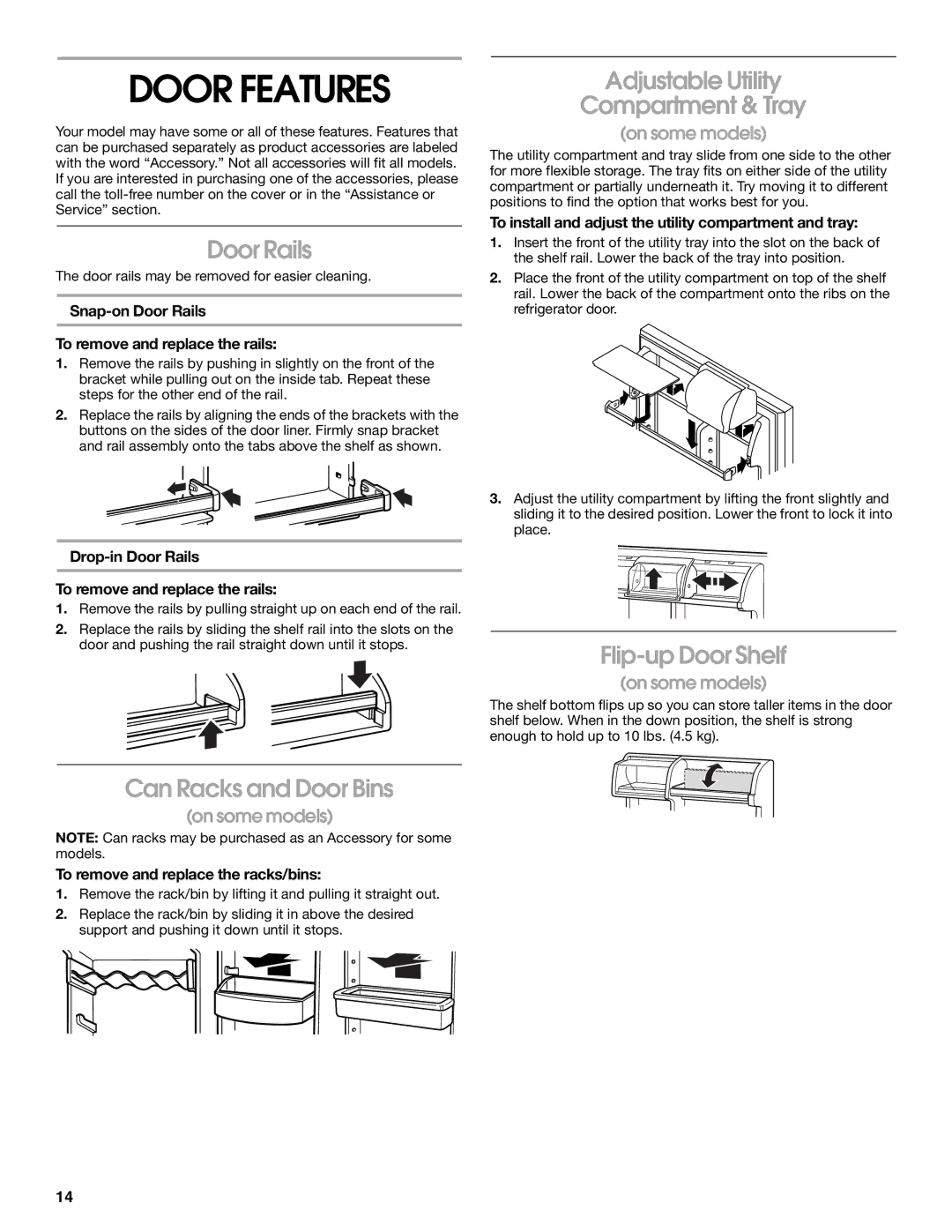 Whirlpool 2225405 manual Door Features, Door Rails, Can Racks and Door Bins, Adjustable Utility Compartment & Tray 