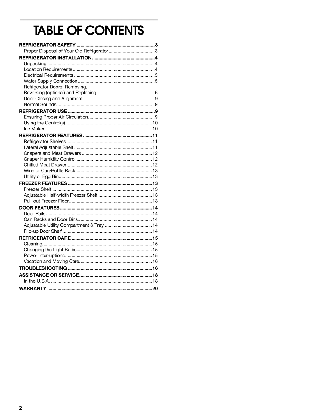 Whirlpool 2225405 manual Table of Contents 