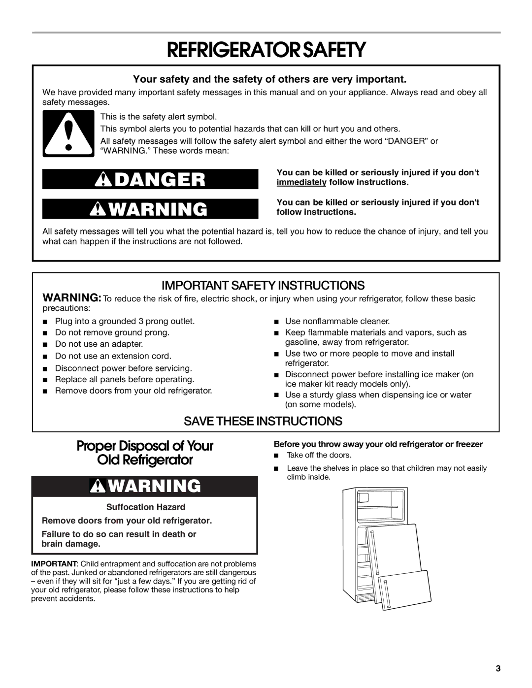 Whirlpool 2225405 manual Refrigeratorsafety, Before you throw away your old refrigerator or freezer 