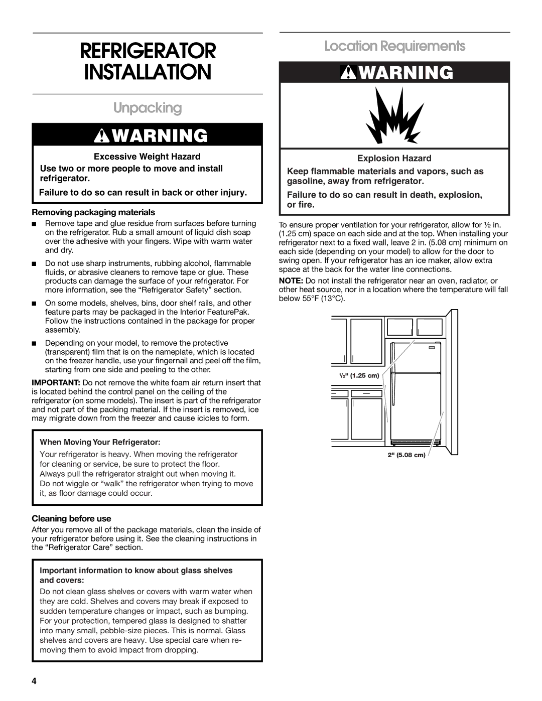 Whirlpool 2225405 manual Refrigerator Installation, Unpacking, Location Requirements, Cleaning before use 