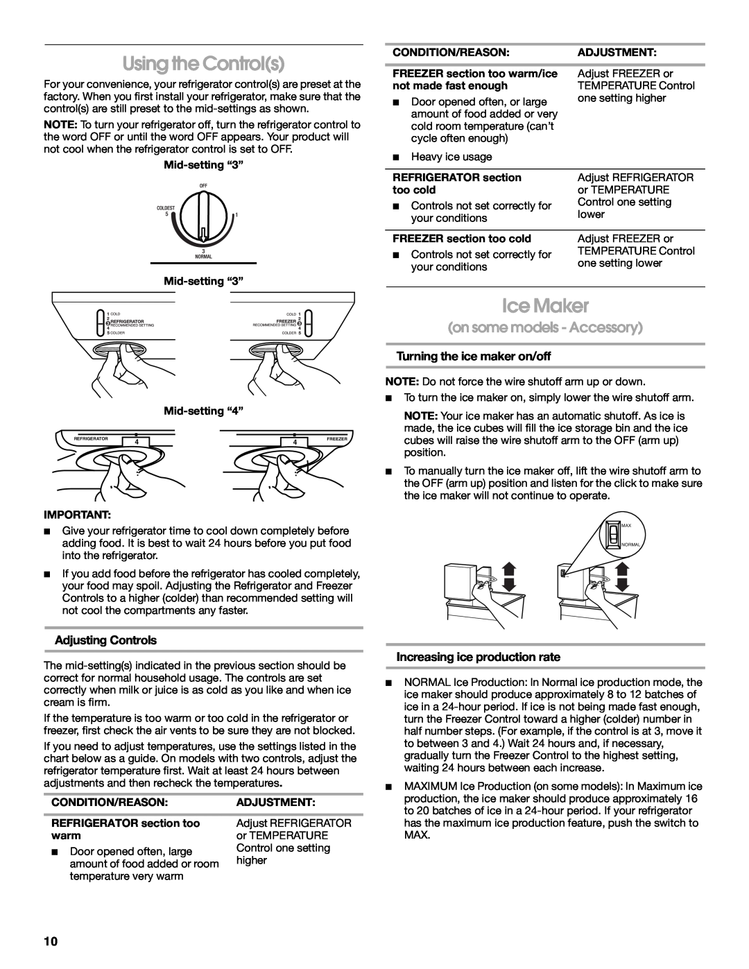 Whirlpool 2225405 manual Using the Controls, Ice Maker, on some models - Accessory, Adjusting Controls 