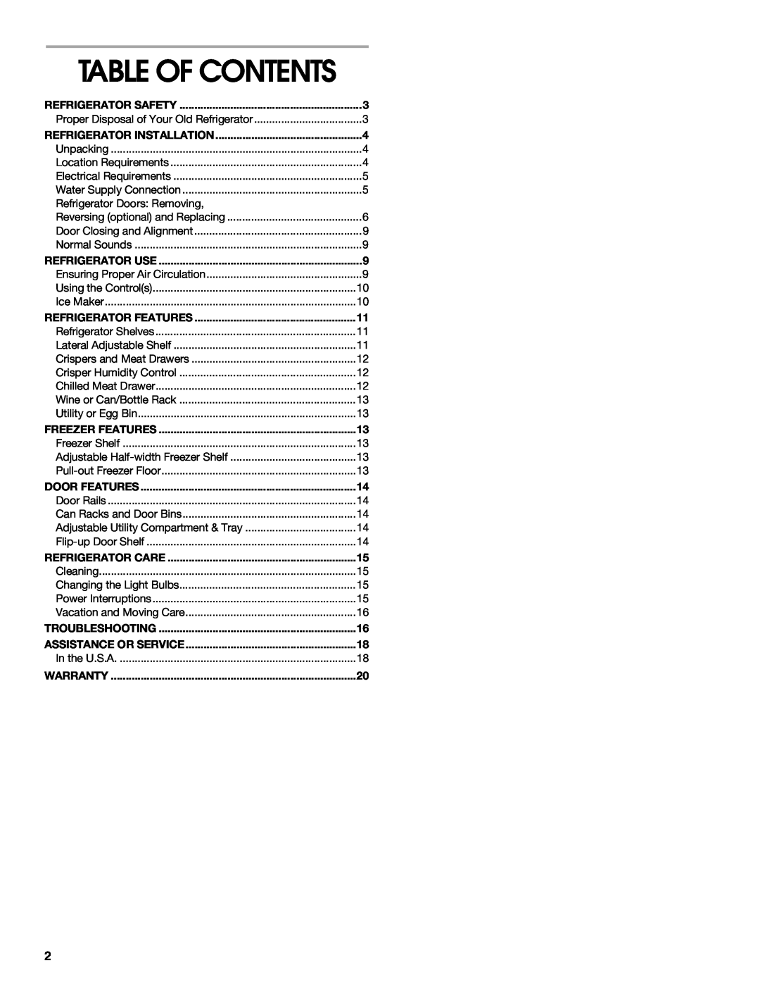Whirlpool 2225405 manual Table Of Contents 