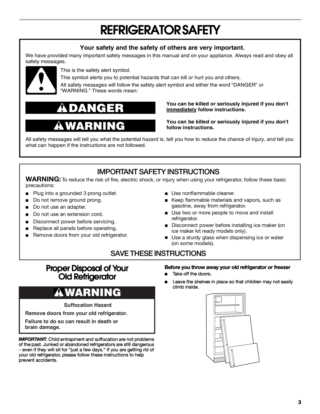 Whirlpool 2225405 Refrigeratorsafety, Suffocation Hazard Remove doors from your old refrigerator, Save These Instructions 