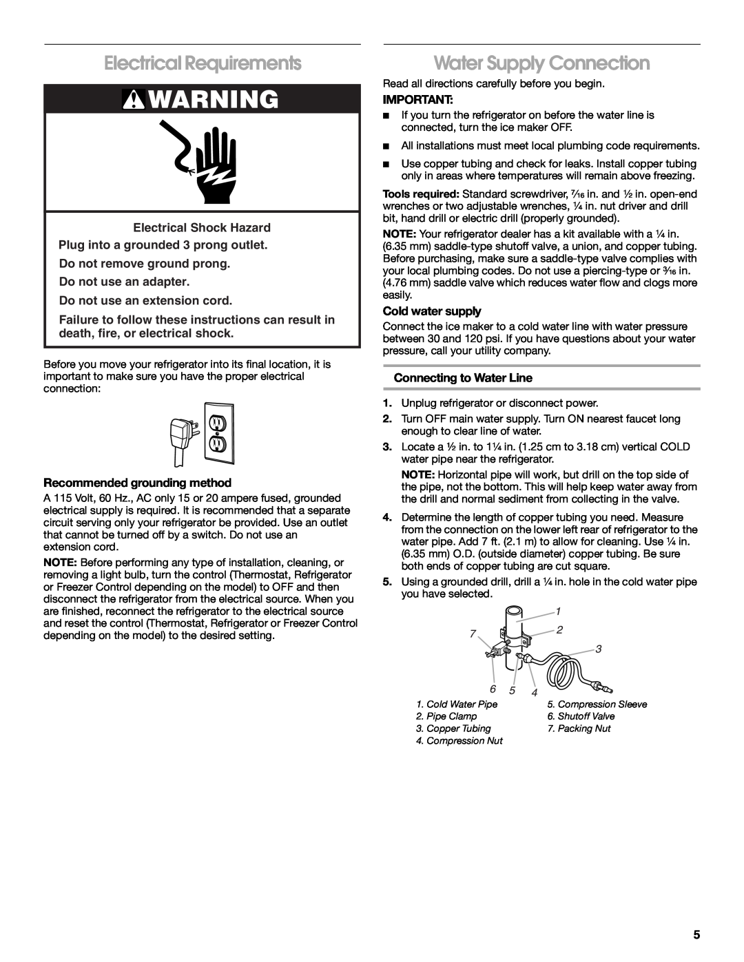 Whirlpool 2225405 manual Electrical Requirements, Water Supply Connection, Do not remove ground prong Do not use an adapter 