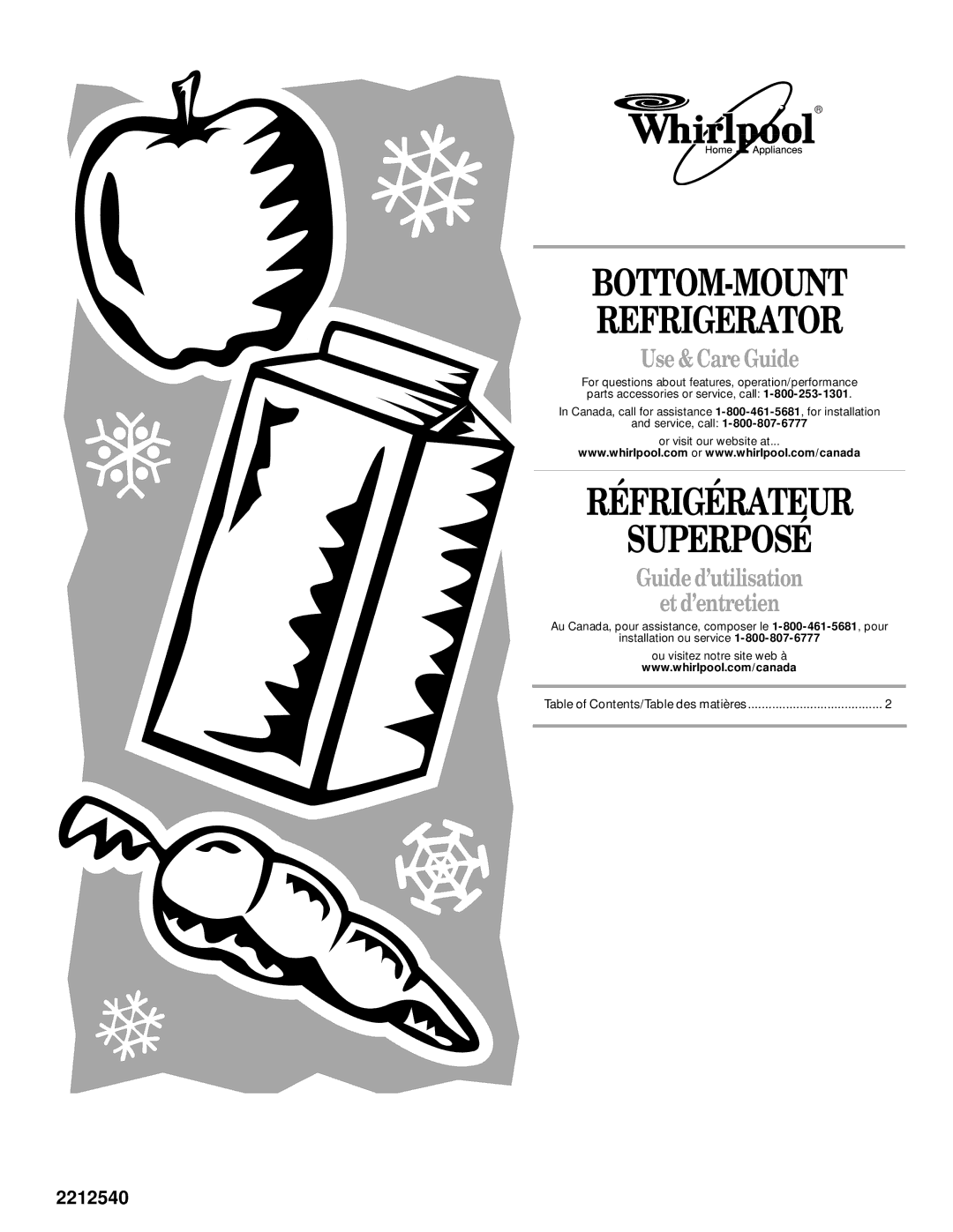 Whirlpool 2300253 manual BOTTOM-MOUNT Refrigerator, Réfrigérateur Superposé, Use & Care Guide 