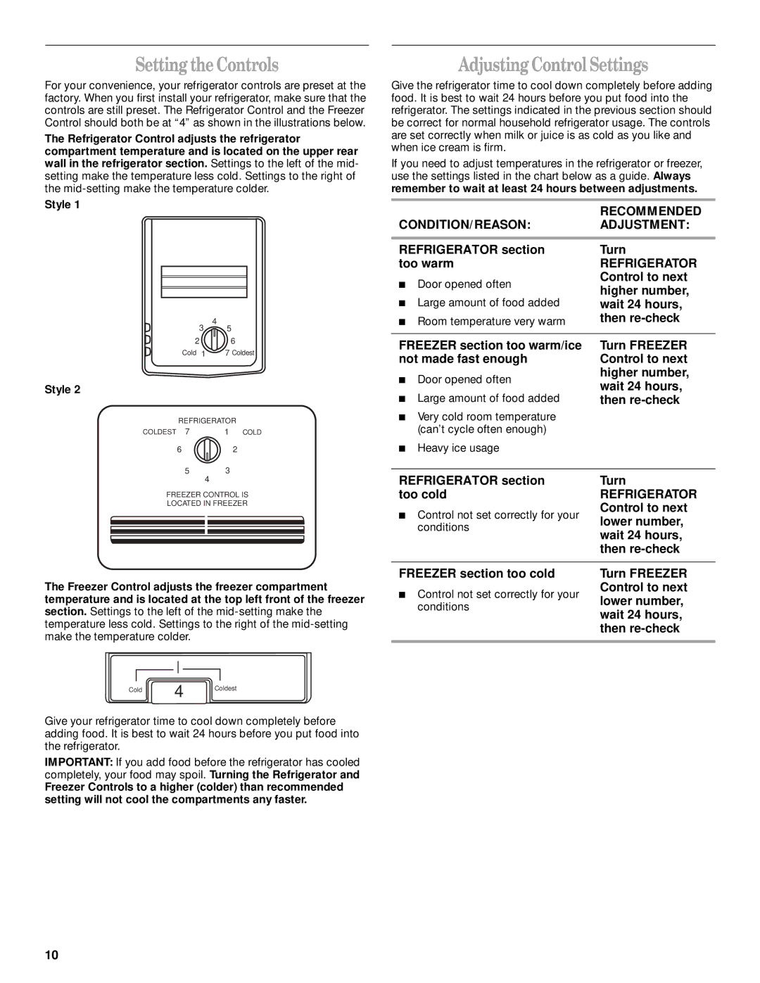 Whirlpool 2300253 manual Setting the Controls, Adjusting Control Settings 