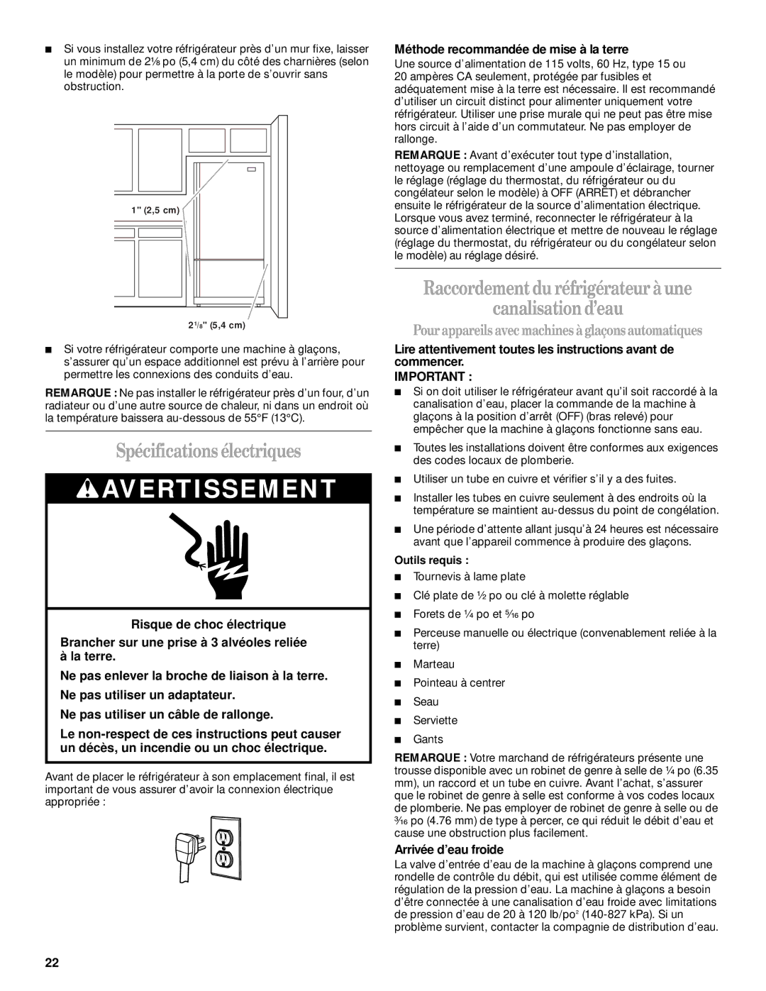 Whirlpool 2300253 Spécifications électriques, Raccordement du réfrigérateur à une Canalisation d’eau, Arrivée d’eau froide 