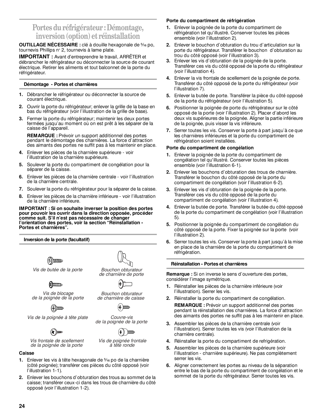 Whirlpool 2300253 manual Démontage Portes et charnières, Caisse, Porte du compartiment de réfrigération 