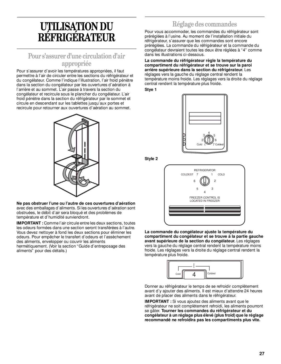 Whirlpool 2300253 Utilisation DU Réfrigérateur, Pour s’assurer d’une circulation d’air Appropriée, Réglage des commandes 