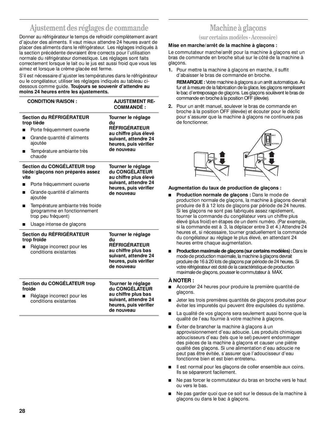 Whirlpool 2300253 manual Ajustement des réglages de commande, Machine à glaçons, Sur certains modèles- Accessoire 