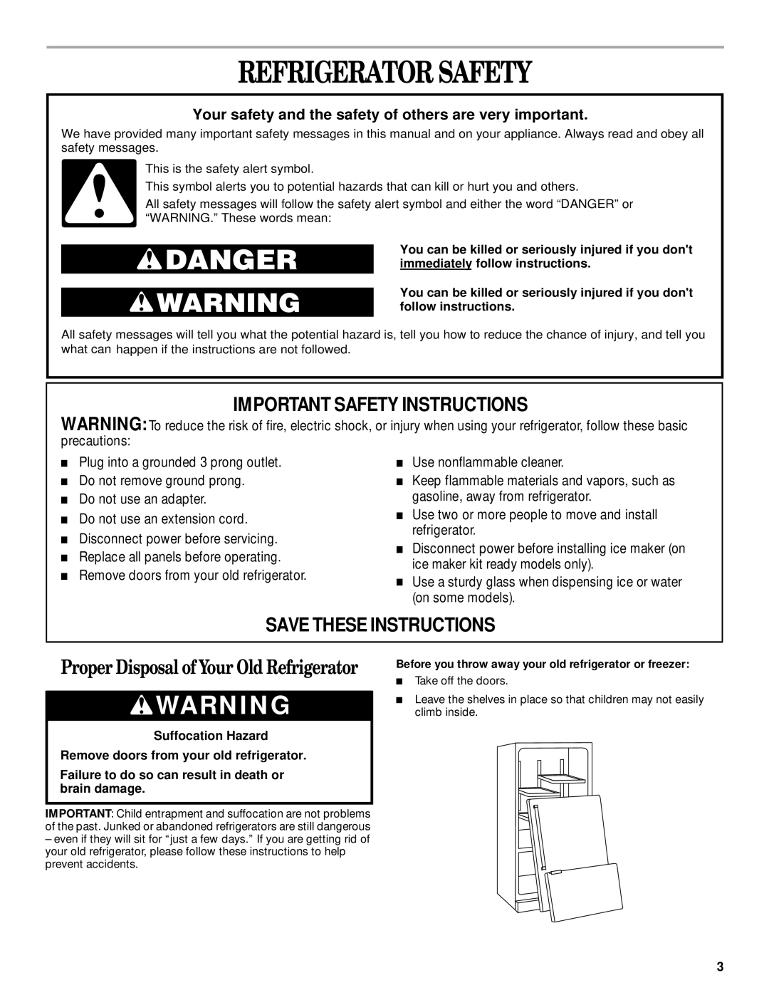 Whirlpool 2300253 manual Refrigerator Safety, Before you throw away your old refrigerator or freezer 