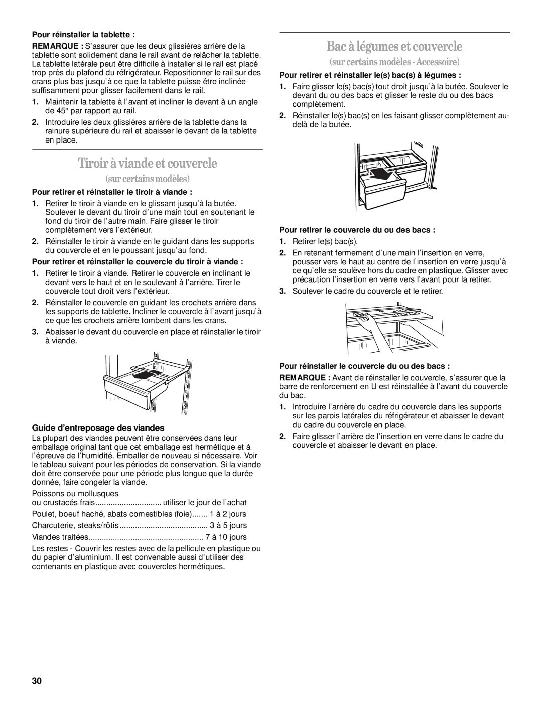 Whirlpool 2300253 manual Tiroir à viande et couvercle, Bac à légumes et couvercle, Surcertains modèles 