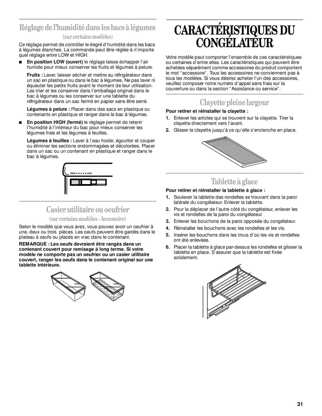 Whirlpool 2300253 Congélateur, Réglagedel’humiditédanslesbacsàlégumes, Casier utilitaire ou oeufrier, Tablette à glace 