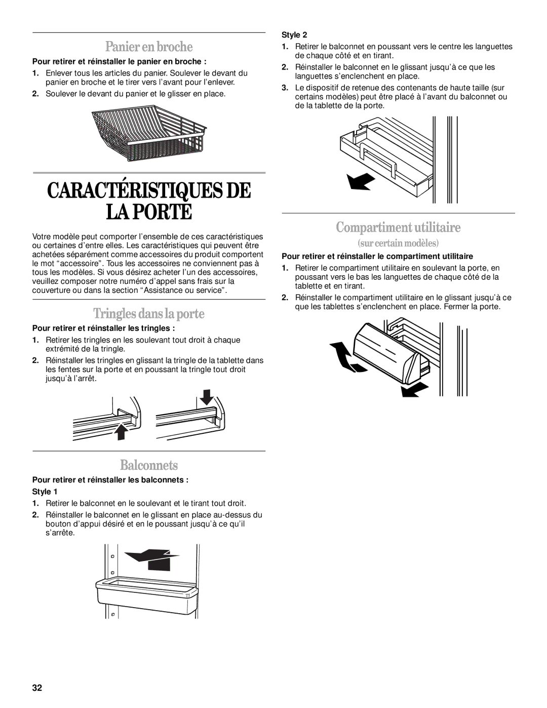 Whirlpool 2300253 manual LA Porte, Panier en broche, Tringles dans la porte, Balconnets, Compartiment utilitaire 