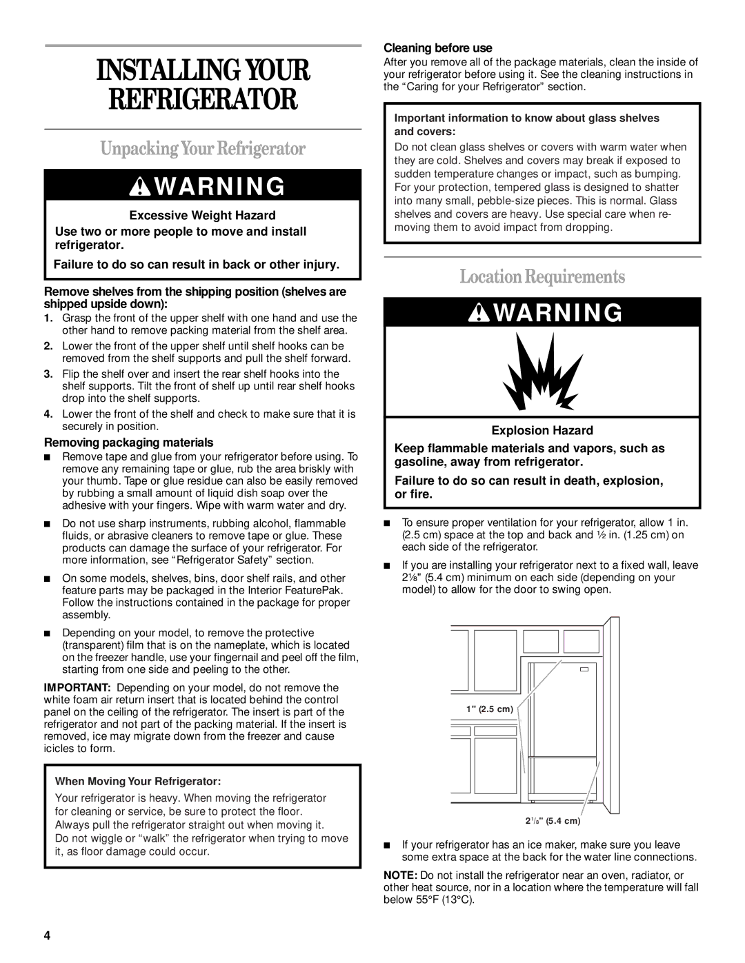 Whirlpool 2300253 Installing Your Refrigerator, Unpacking Your Refrigerator, Location Requirements, Cleaning before use 