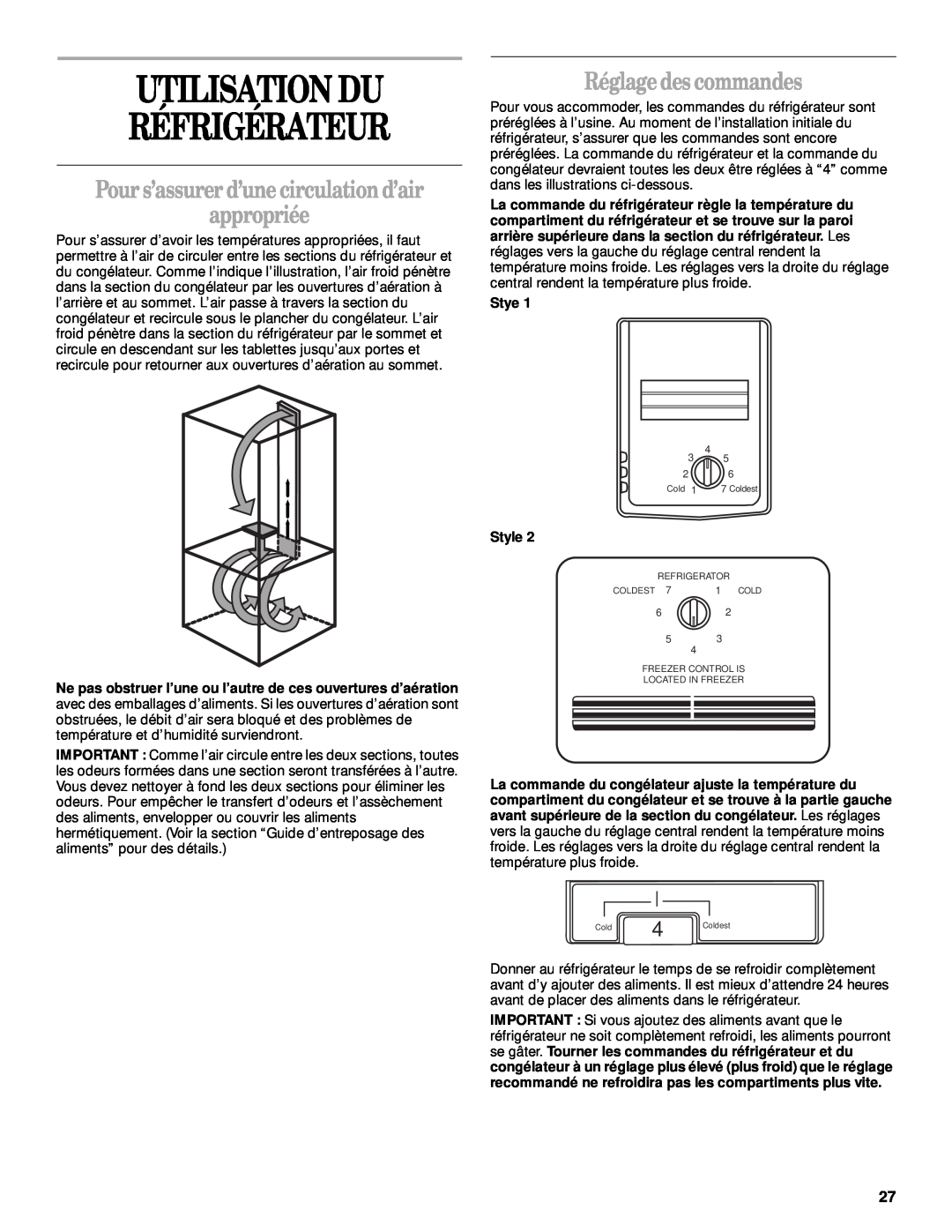 Whirlpool 2300253 Utilisation Du Réfrigérateur, Pour s’assurer d’une circulation d’air appropriée, Réglage des commandes 