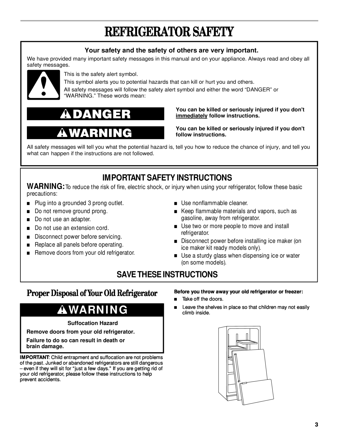 Whirlpool 2300253 manual Refrigerator Safety, Proper Disposal of Your Old Refrigerator, Important Safety Instructions 