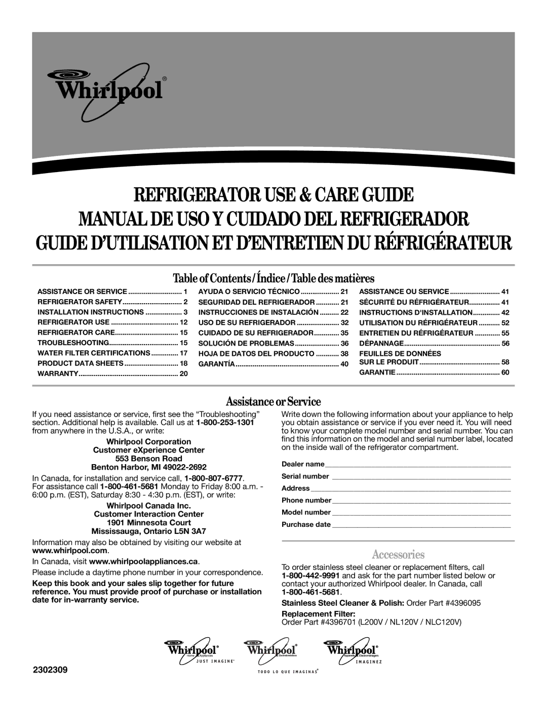 Whirlpool 2302309 warranty Refrigerator USE & Care Guide, Accessories 