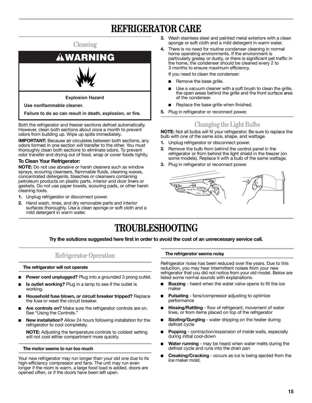 Whirlpool 2302309 warranty Refrigerator Care, Troubleshooting, Cleaning, Changing theLightBulbs, RefrigeratorOperation 