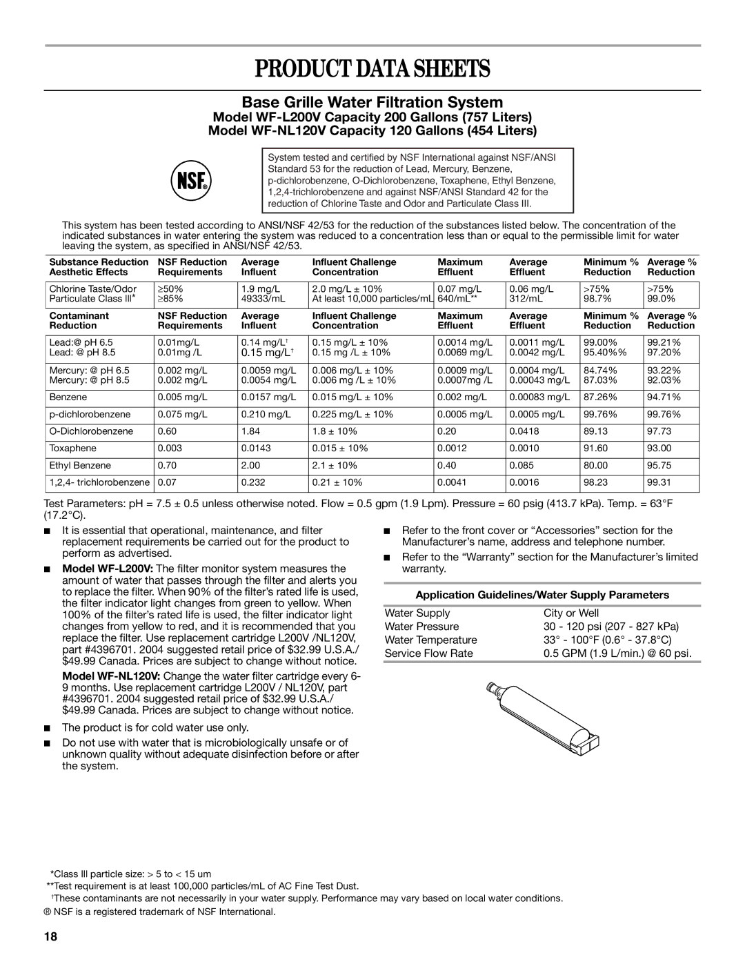 Whirlpool 2302309 warranty Product Data Sheets, 15 mg/L †, Application Guidelines/Water Supply Parameters 