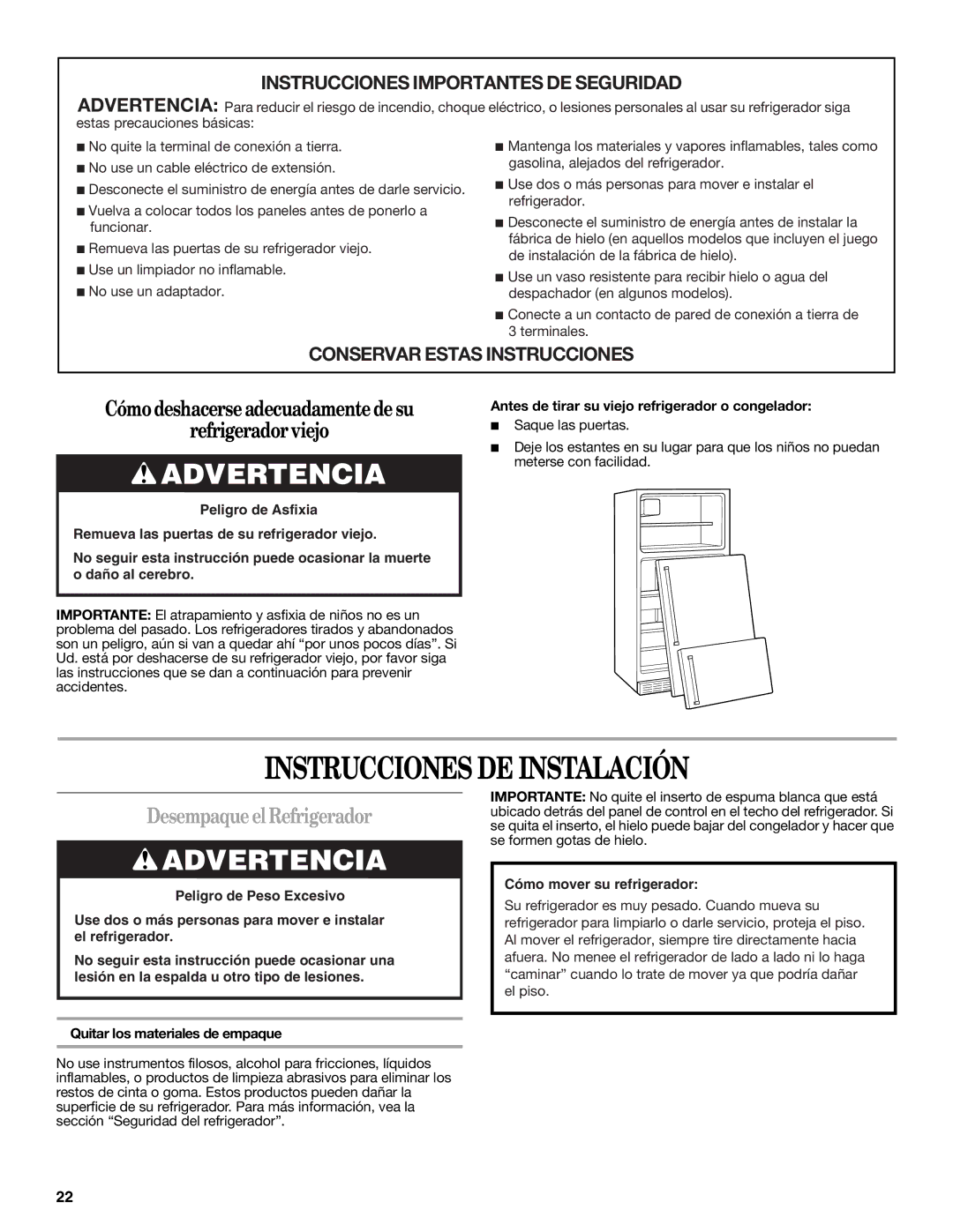 Whirlpool 2302309 warranty Instrucciones DE Instalación, DesempaqueelRefrigerador 