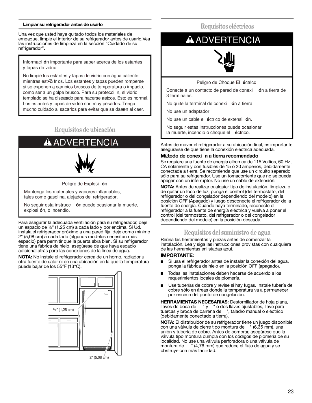 Whirlpool 2302309 warranty Requisitos deubicación, Requisitoseléctricos, Requisitosdelsuministro de agua 