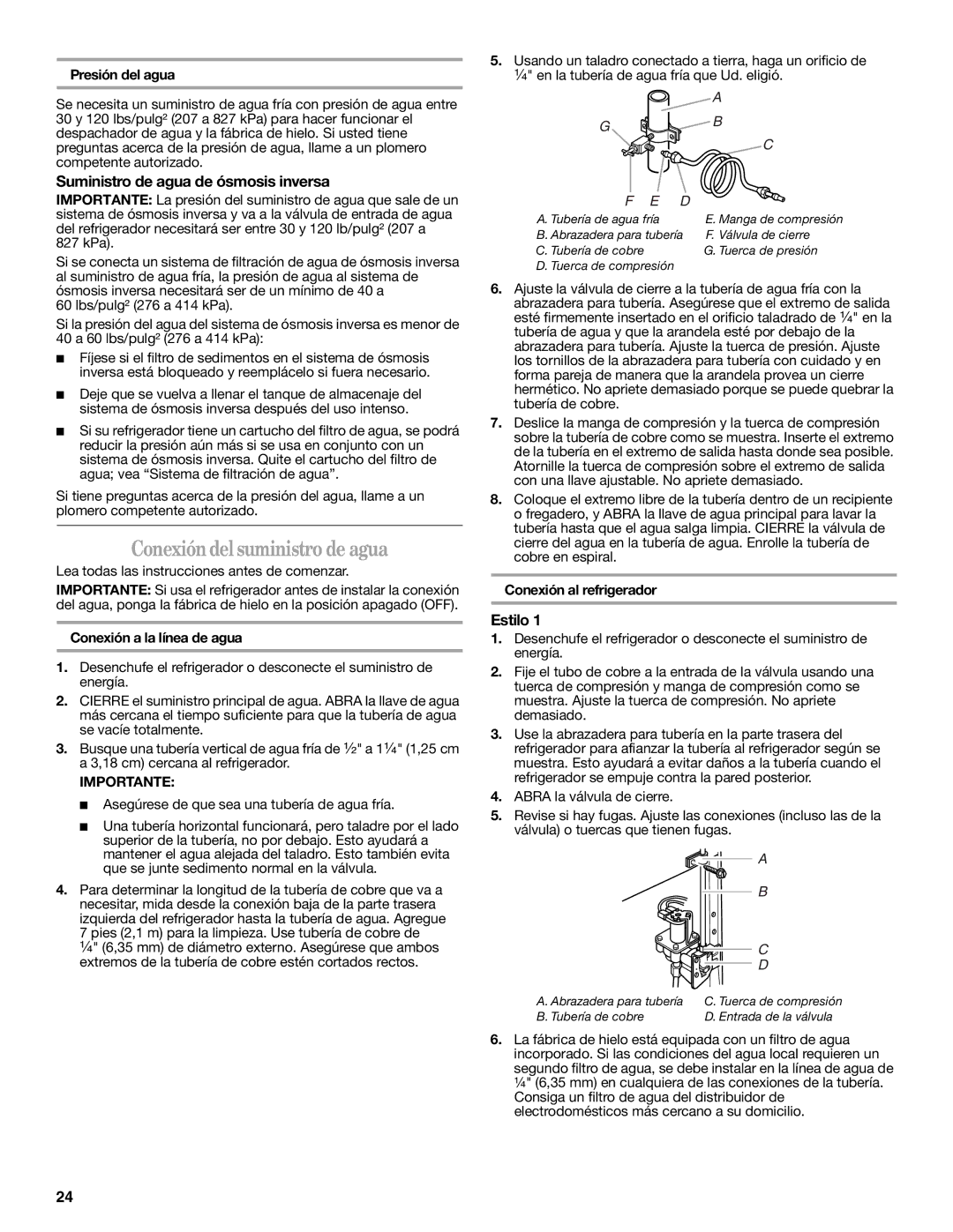 Whirlpool 2302309 warranty Conexióndelsuministro de agua, Suministro de agua de ósmosis inversa, Estilo, Importante 