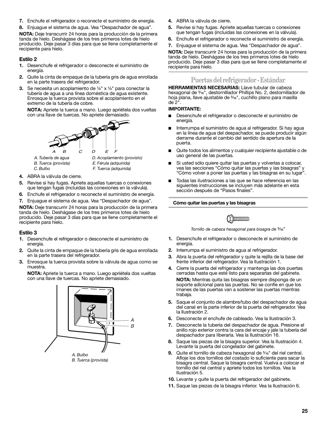 Whirlpool 2302309 Puertas del refrigerador-Estándar, Abra la válvula de cierre, Cómo quitar las puertas y las bisagras 