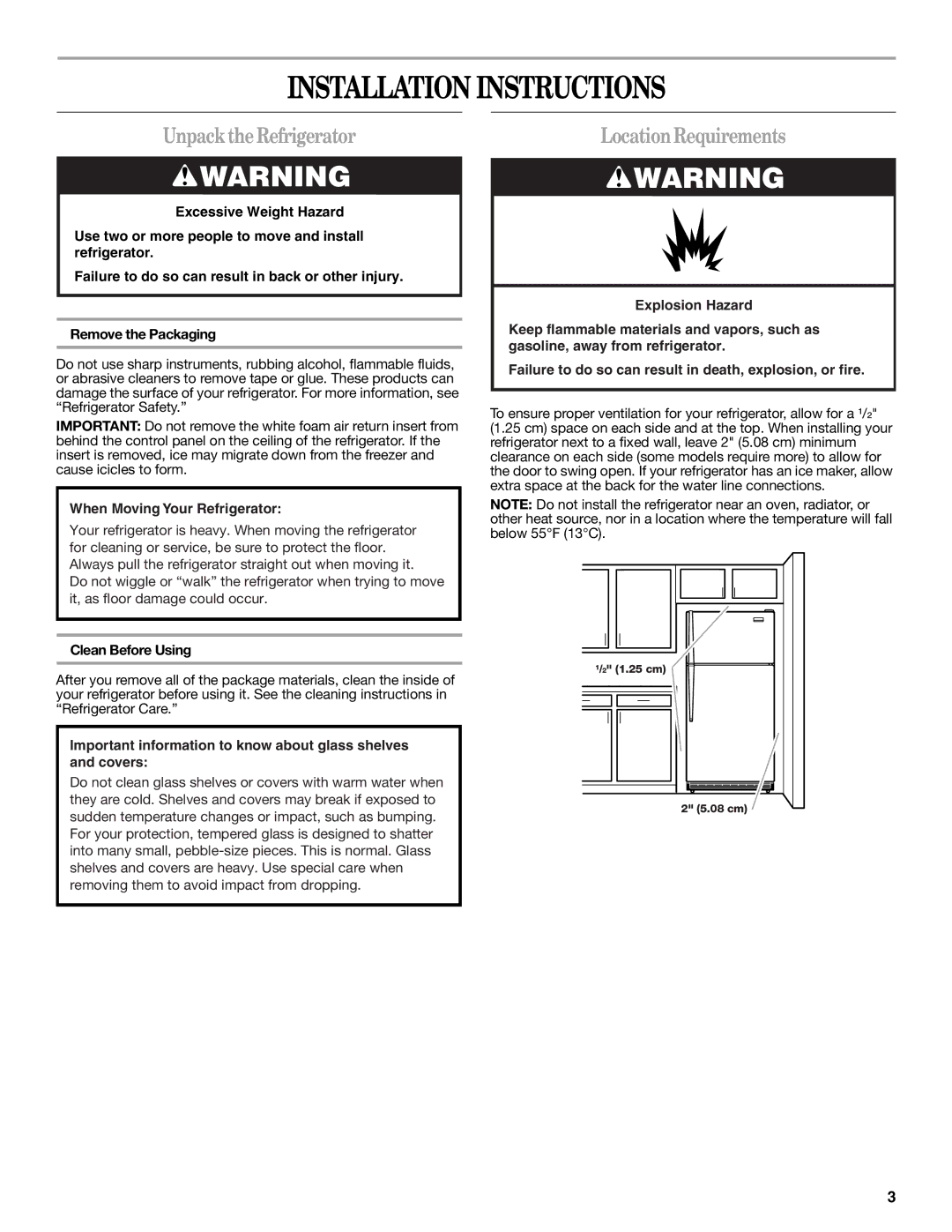 Whirlpool 2302309 warranty Installation Instructions, UnpacktheRefrigerator, LocationRequirements, Clean Before Using 