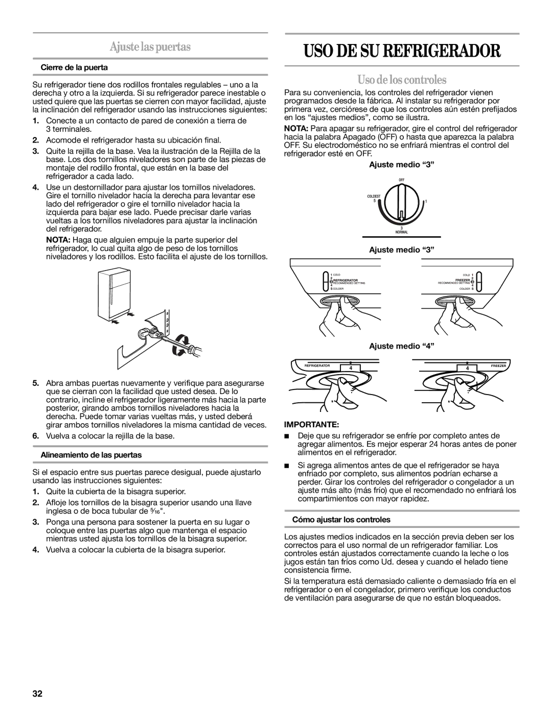 Whirlpool 2302309 warranty Ajustelaspuertas, Usodelos controles 