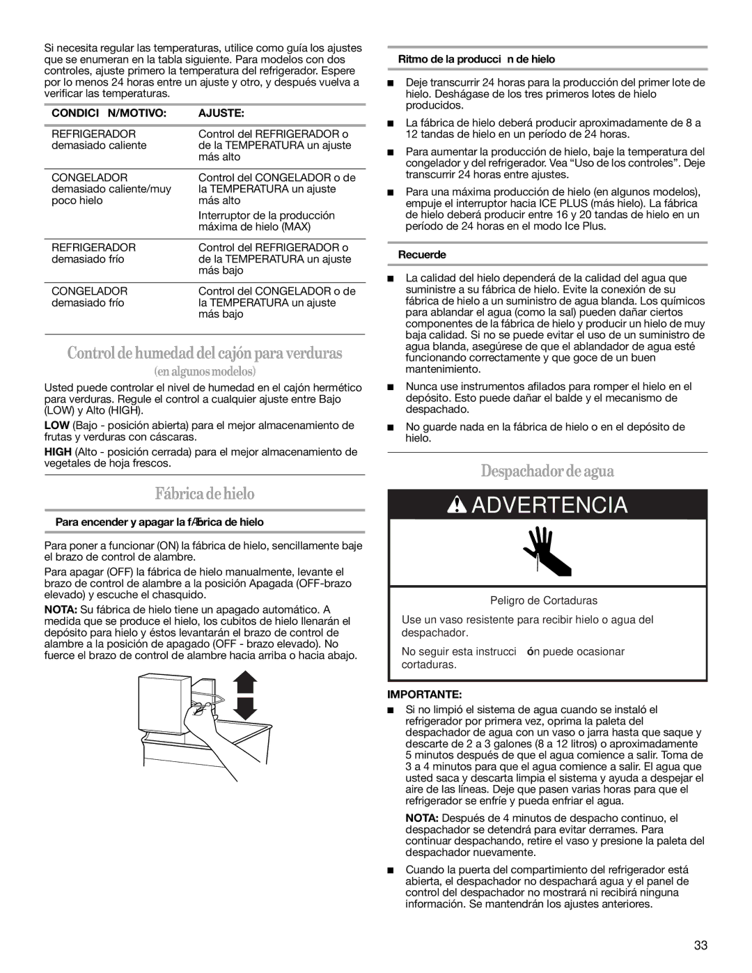 Whirlpool 2302309 warranty Fábricadehielo, Despachadordeagua, CONDICIÓN/MOTIVO Ajuste 