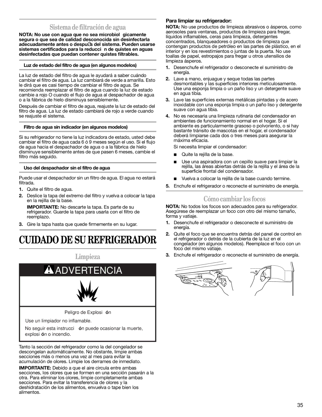 Whirlpool 2302309 warranty Sistemadefiltracióndeagua, Limpieza, Cómocambiarlosfocos, Para limpiar su refrigerador 