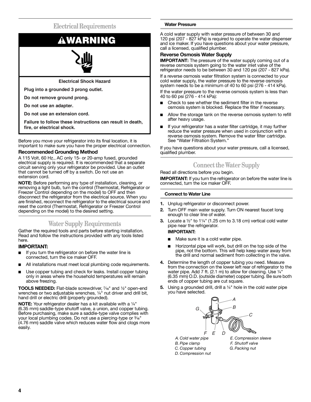 Whirlpool 2302309 Electrical Requirements, Water Supply Requirements, ConnecttheWater Supply, Recommended Grounding Method 