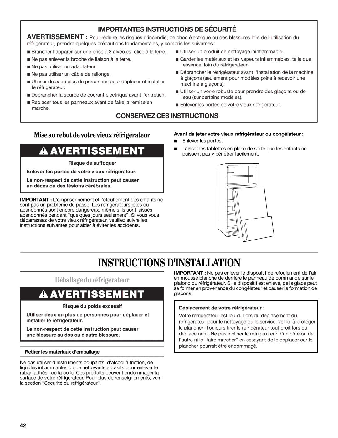 Whirlpool 2302309 warranty Instructions Dinstallation, Déballagedu réfrigérateur 